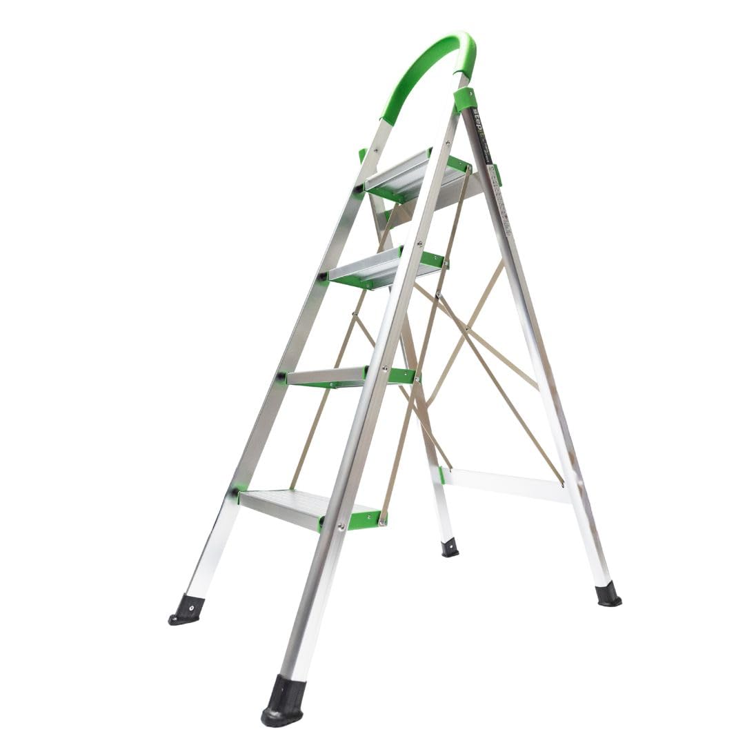 StepIt Premium 4 Step Ladder - Folding Aluminium Step Ladder with Deep Anti-Slip Steps | Lightweight Portable Small Ladder for Home & Kitchen | Soft Rubber Hand Grip, 150kg Capacity