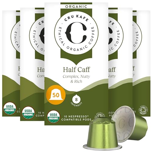 Cru Kafe USDA Organic Half Caff Espresso Coffee Capsules (50 Pods) Fairtrade Coffee Pods Compatible with Nespresso Original Line and Pixie Machines