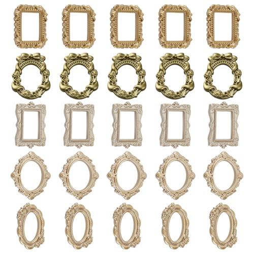 DELORIGIN 25Pcs 5 Styles Mini Resin Picture Frame Vintage Gold Photo Frame Tiny Antique Frames Miniature Oval Rectangle Wall Hanging Frame Ornament for DIY Crafts Desktop Party Decorate Props