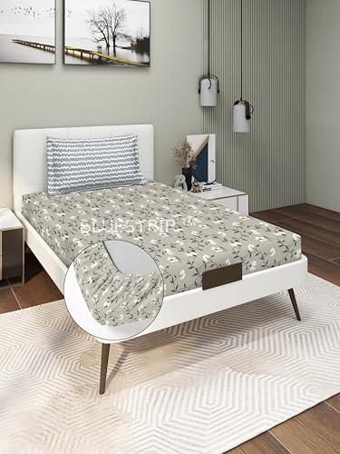 Image of Blue Strip 220TC Glace Cotton Elastic Fitted Bedsheets Single Bed with 1 Pillow Cover | Single Bed with All Around Elastic, Size 42 inch x 75 inch Inches