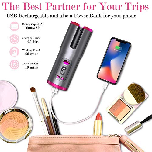 Hair Curler, Cordless Automatic, Portable Ceramic Barrel with 6 Temperature & LCD Timer Settings Fast Heating Hair Styling, Purple - Thumbnail 3
