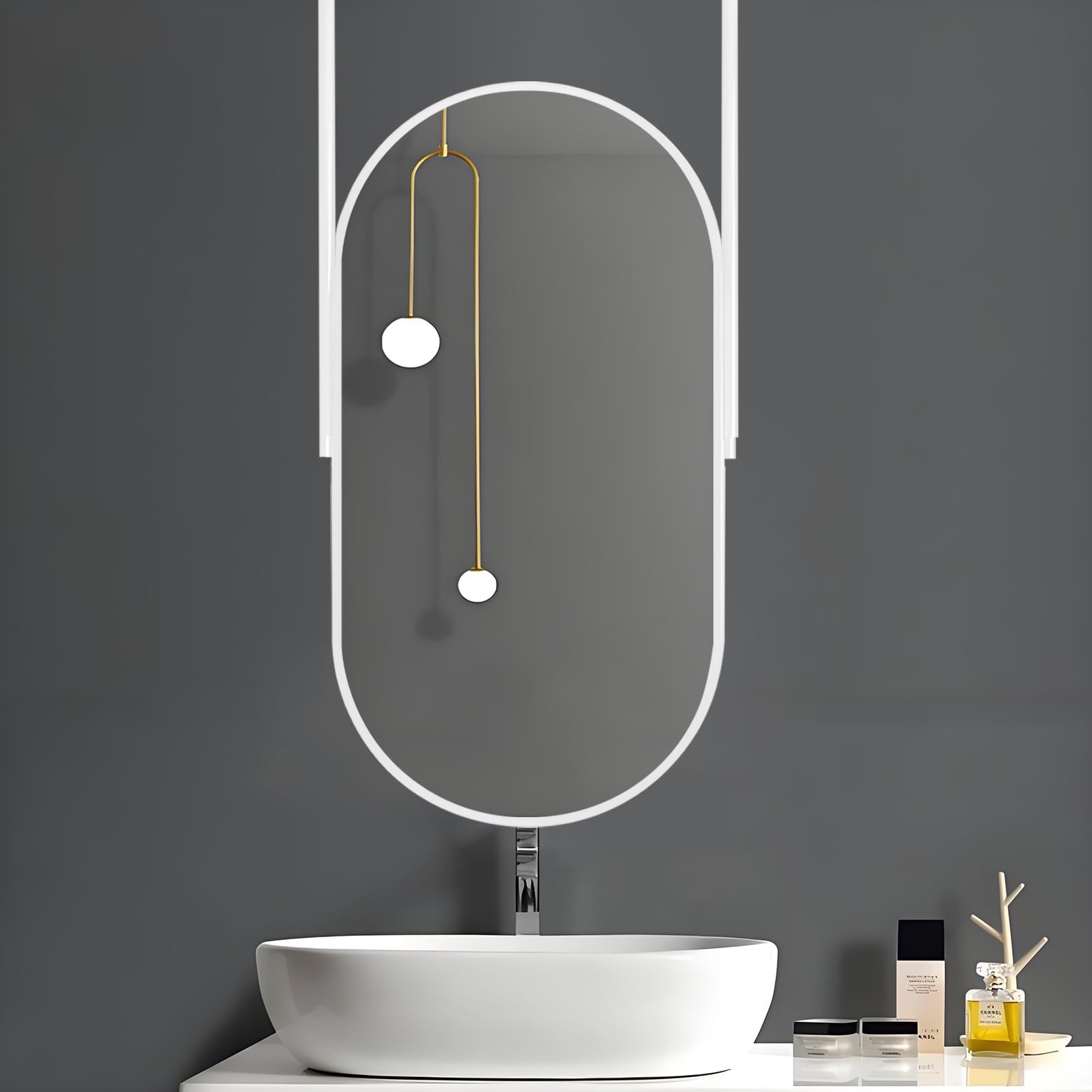 FGXHHS Oval Modern Ceiling Mounted with White Metal Frame, Bathroom Cloakroom Floating Hanging Makeup Shaving Mirror, Vertical Mount HD Mirrors(40cmx70cm)