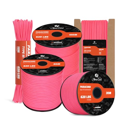 Abma Cord Paracord 620lbs 4mm 30M 100% Nylon Seil Typ 3 Schnur mit 9 Kern für Basteln, Camping, Survival, Outdoor - Max. 280kg - Neon Pink