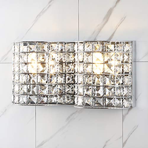 Image of JONATHAN Y 15 inch Chrome Modern LED Vanity Light Sconce for Bathroom Decor, 2-Light, Clear Crystal Shade, Glam Wall Lighting for Hallway Entryway, LED Bulb Included (JYL7543A)