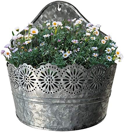 Lily's Home Indoor Outdoor Wall Mounted Planter with Floral Accents for Succulents, Cacti, Herbs, Faux Plants, Galvanized Metal. Plants Not Included