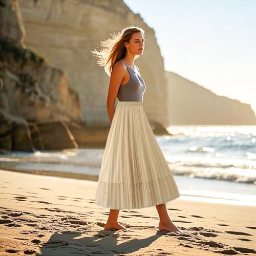Women's High Waist Flowy Pleated Maxi Skirt Women's Tulle Skirt Elastic Layered Pleated Mesh Flowy A-line Midi Skirt, Grey4