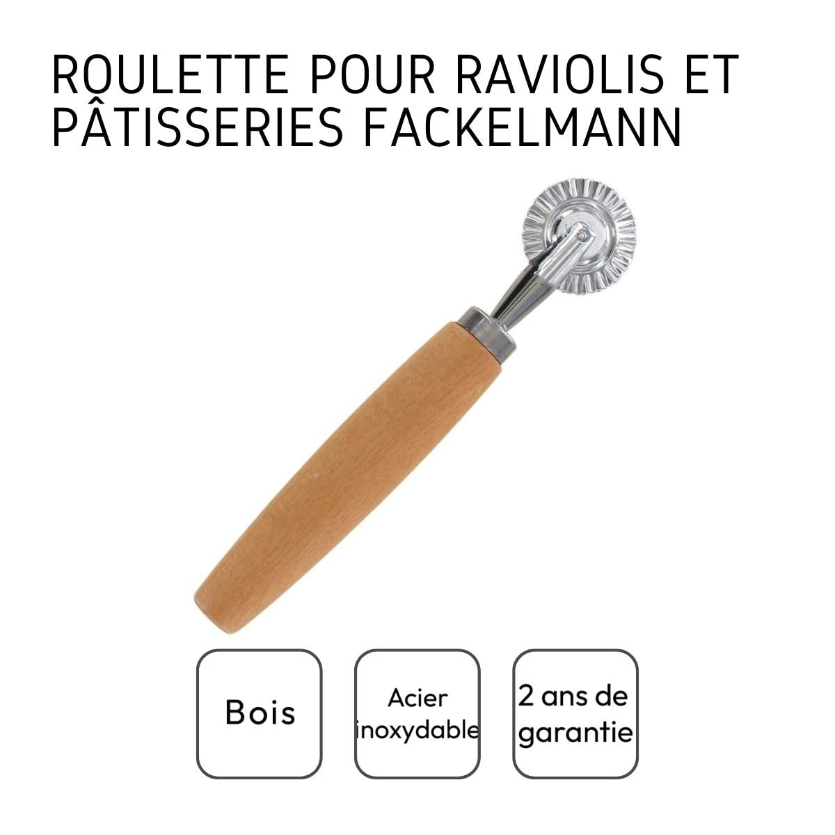 Fackelmann 40918 Roulette à pâtisserie, roulette inox pour raviolis, Bois, Acier inoxydable, 15,5 cm
