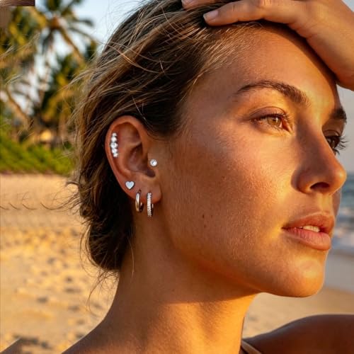 Image of SANNIDHI Earrings Set for Women Rhinestone Hoops Earring Hypoallergenic Hearts-shaped Flat Back Stud Earring Stainless Steel Cartilage Earrings Combo for Multiple Piercing