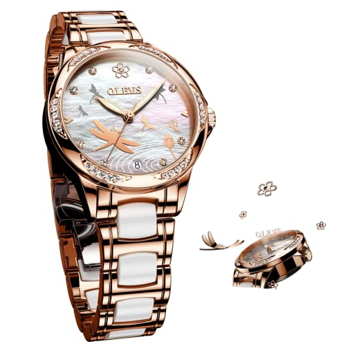 OLEVS Women Automatic Mechanical Watches White Rose Gold Ceramic Band Diamond Case White Face Waterproof Luminous Ladies Wrist Watches
