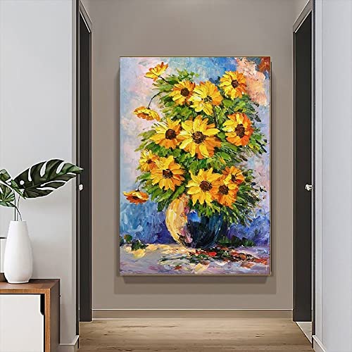 Peinture à la main de tournesol sur toile, tableau acrylique relief art mural restaurant