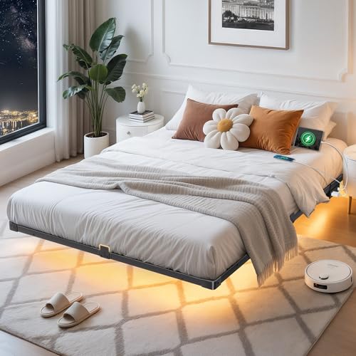 Bed Frame Queen Size, Floating Bed Frame Queen with LED Lights & Charging Station, Modern Metal Platform Bed Frame with Mattress Slide Stopper, Noise-Free, No Box Spring Needed, Easy Assembly