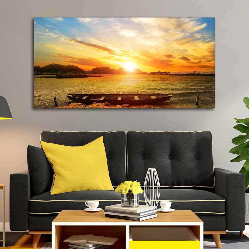 VIBECRAFTS Canvas Paintings for Living Room Drawing Room Beautiful Canvas Wall Painting of Boat on Beach & Sunset for Home|Office|Gift(PTVCH_2387)