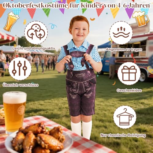 Trachtenset Kinder, Trachtenhemd Jungen, Oktoberfest Kostüm Set Jungen, Lederhose Kinder, TrachtenlederhosenFestliche, mit Trachtenhemd und Trachtensocken, Kleidung Bayerlsches für Bierfest, Volksfest