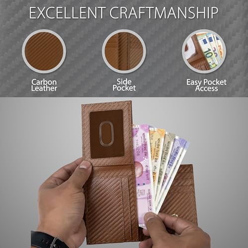 Image of Premium RFID Blocking Wallet for Men | Slim Carbon Fiber Leather with 12 Card Slots, Clear ID Window & Cash Pocket | Durable Bifold Genuine Cow Fiber Leather Wallet (Carbon CONIAC)