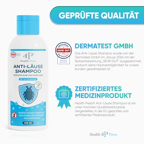 Health Press Anti-Läuse-Shampoo – 200 ml Vorteilspackung – Läuse Shampoo inkl. Läusekamm – Läuseshampoo Familienpackung für Erwachsene, Kinder – In EU zugelassenes Medizinprodukt in Apothekenqualität