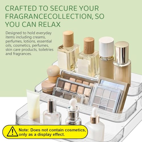 Image of Zollyss 3 Tier Acrylic Perfume Organizer Stand | Clear PET Makeup Display Riser with Protective Fence | Cosmetic Storage Shelf for Vanity, Skincare, Perfume Bottles, Figurines & Collectibles