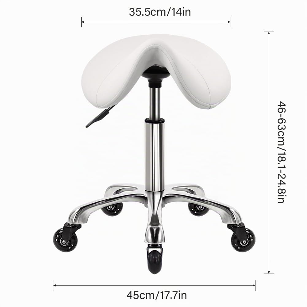 WKWKER Tabouret à roulettes Robuste avec roulettes hydrauliques pivotantes réglables - Tabouret Ergonomique en Cuir épais pour Cuisine, Dessin, Laboratoire, Bureau, Salon - Blanc