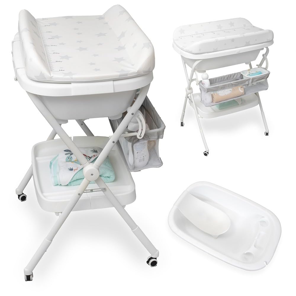 Interbaby Bañera Bebé Cambiador Plegable Patas, Ruedas, Hamaca (Dino) | Bañera con cambiador 2 en 1, hamaca anatómica extraíble, patas antideslizantes, altura ergonómica, portátil