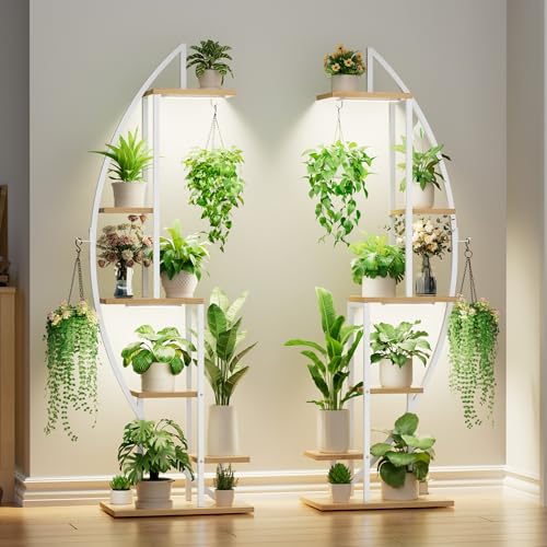 Image of BACEKOLL Plant Stand Indoor with Grow Lights, 6 Tiered Tall Plant Shelf, 63 inch Metal Plant Stand for Indoor Plants Multiple, Half-Moon Plant Rack Display Shelf, 2 Pcs Plant Holder for Living Room, White