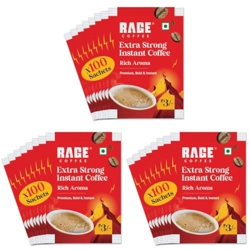 Image of RAGE COFFEE Extra Strong Premium Blend Coffee Powder|Pack Of 300|Premium, Bold & Instant|Instant Coffee & Chicory- 100% Arabica Beans For Hot & Cold Coffee|0.27 Kilograms|Sachets