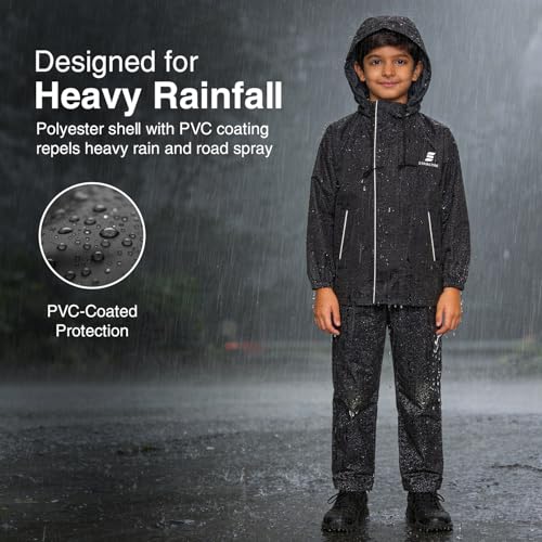 Image of Amazon Brand - Symactive Raincoat for Kids | Waterproof Jacket and Pant Set | Polyester with PVC Coating | Seam Sealed | High Neck Hood | Reflective Branding | Black, 8 to 10 Years