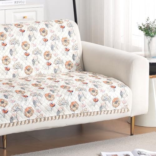 Image of HOKIPO Wildflower Breeze Quilted Sofa Cover with Tassels 2 Seater for Seat & Back, (152x120 cm), 'Tassel Twigs' Series (IN-990-T7)