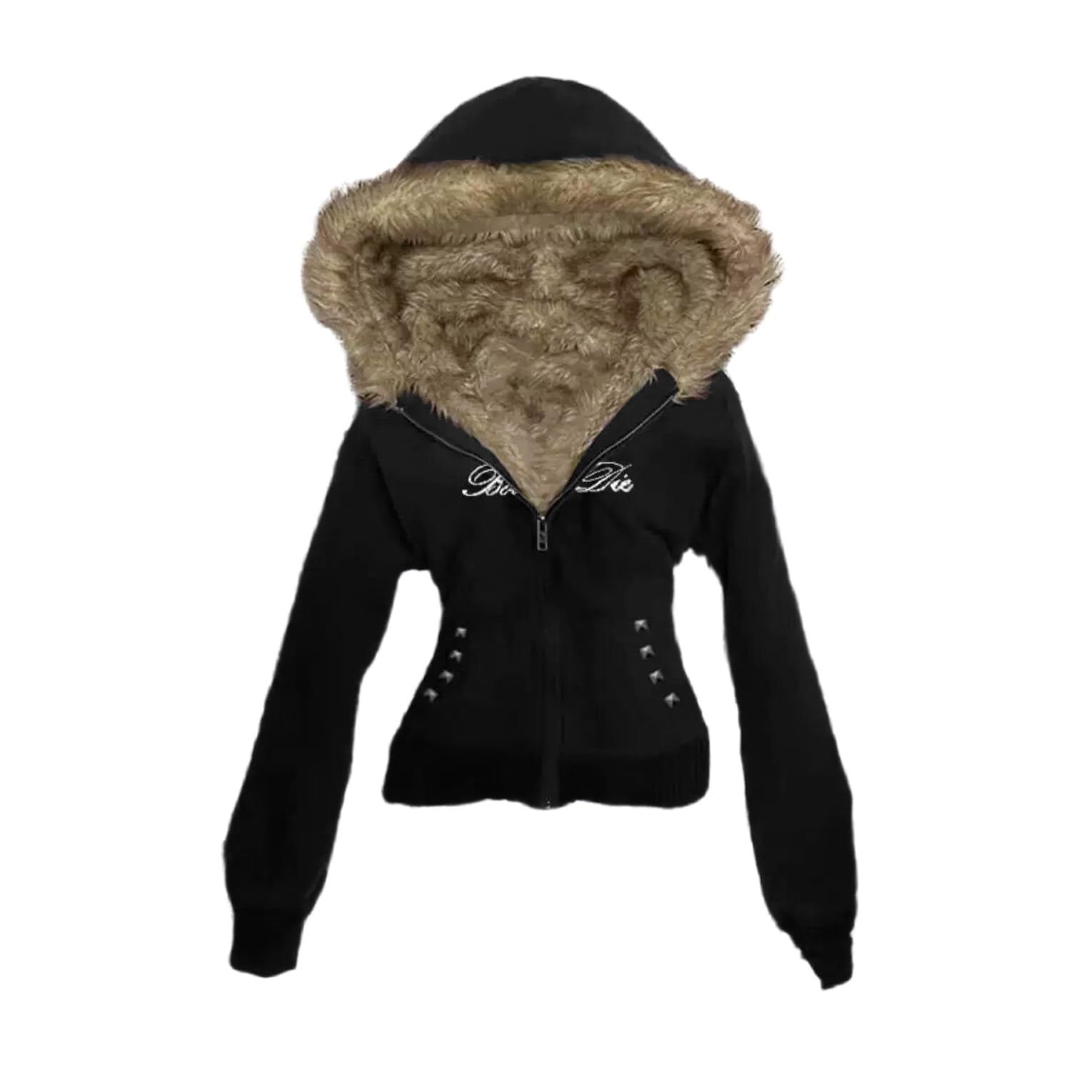 ORANDESIGNE Y2K Felpa con Cappuccio in Pelliccia Sintetica Donna Cerniera Cappotto Lungo Slim Fit con Collo di Pelliccia Harajuku Vintage Giacca