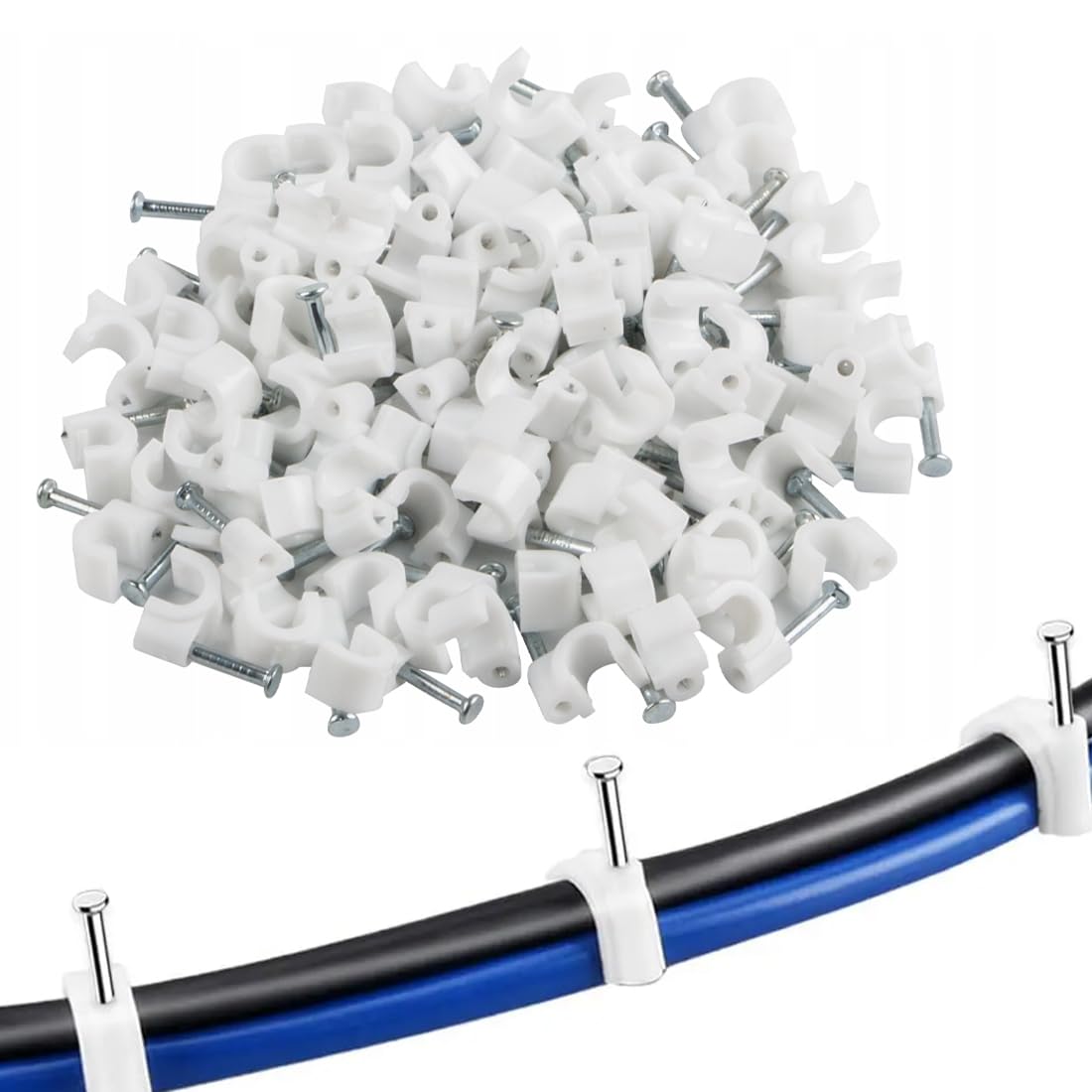 SGERUFZ 200 pcs Fermacavo con Chiodo, Graffette Clip per Cavi, Chiodini, Graffette, Rotondi, Parete, Telaio della Porta, Angoli e Montaggio a Vista