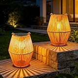 Ollny Solarlaterne pour l'extérieur, 2 pièces lampes solaires en rotin style bohème blanc chaud, étanches suspendues/sur pied, parfaites pour décoration de jardin, balcon, terrasse