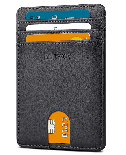Buffway Mens Slim Wallet, Minimalist Thin Front Pocket Leather Credit Card Holder with RFID Blocking for Work Travel
