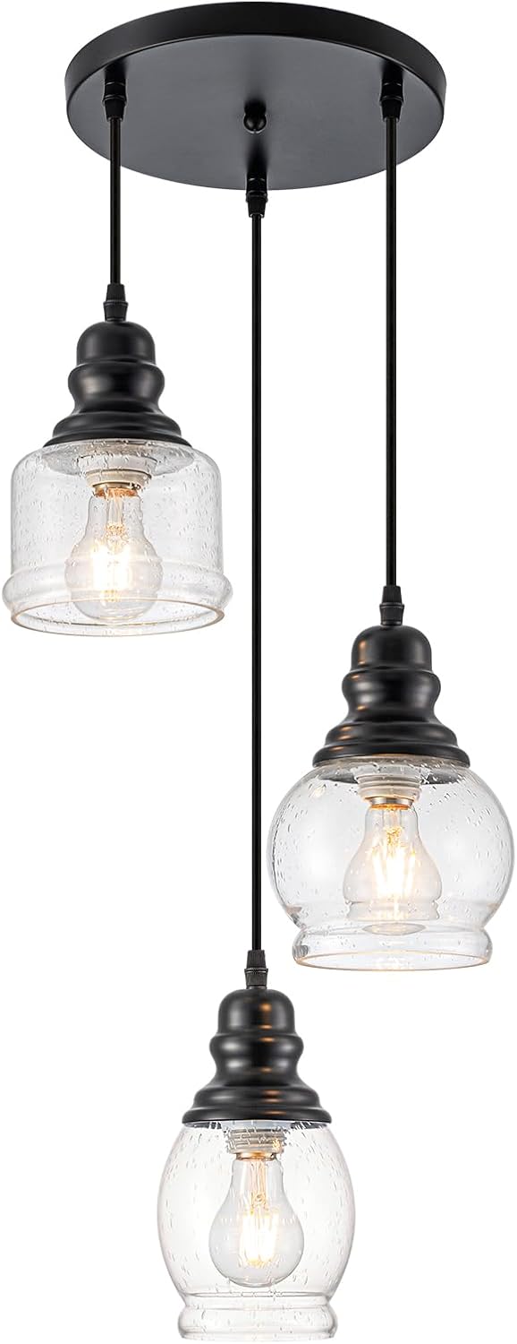 WILON Pendant Light Fixtures, 3 Light Pendant Lighting for Kitchen Island Industrial Hanging Pendant Lighting with Seeded Glass Shade, Black Glass Pendant Light for Dining Room Kitchen Island