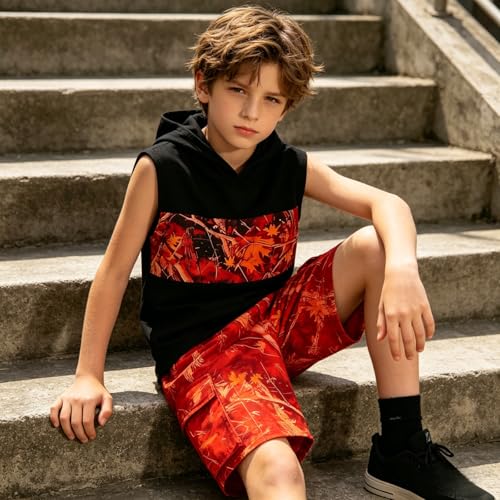Image of Size 6-12 Years Boys Summer Clothes Hooded Sleeveless Tank Tops Workout Shorts 2 Piece Set Fashion Outfits