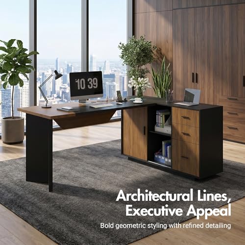 74.4" L-Shaped Executive Desk, Large Office Desk with Drawers, Black+Walnut — view 3