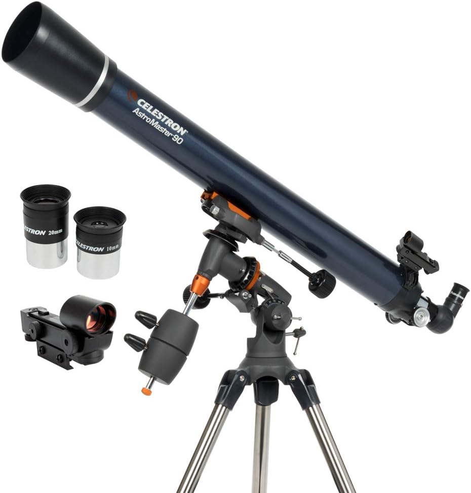 Celestron - AstroMaster 90EQ Refractor Telescope - Refractor Telescope for Beginners - Fully-Coated Glass Optics - Adjustable-Height Tripod - Bonus Astronomy Software Package