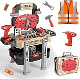 Jovow Kids Tool Bench with Realistic Tools and Electric Drill, Suitable for 3-5 Year Olds to Build Their Own Toy Workbench, 79 Pcs Realistic Toy Tools with Clothes, 32 x 26.6 x 14.4 in-Yellow