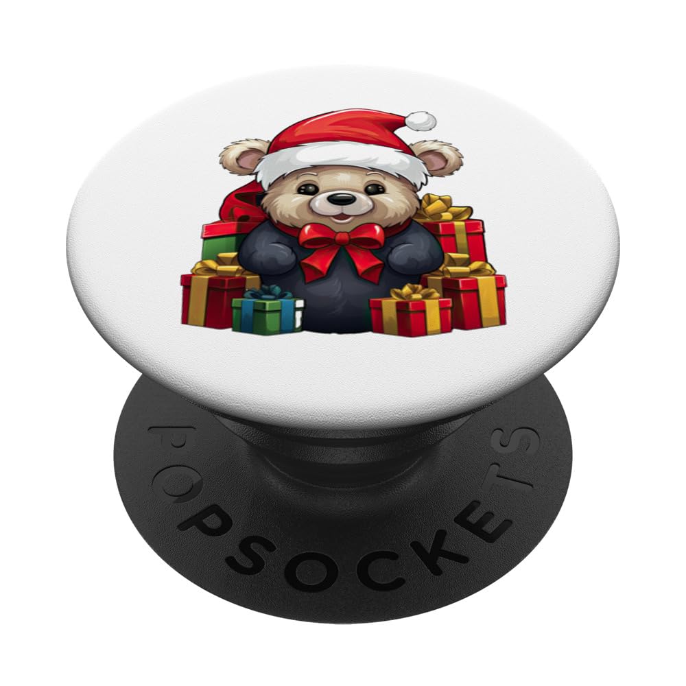 Teddy Bear Santa Claus Hat Christmas Pajama Xmas Party Kids PopSockets Swappable PopGrip, Black