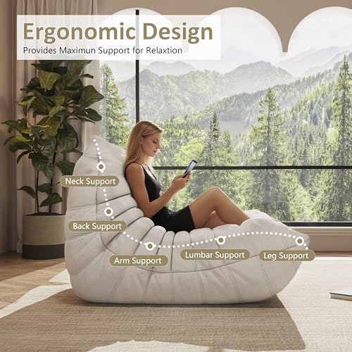 Image of Bean Bag Chair, Cozy Memory Foam Bean Bag Chairs for Adults, Comfy Fireside Accent Chair Lazy Floor Chair for Gaming Bedroom Living Room (White, Loveseat)
