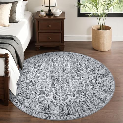 KUTA Round Rugs 6ft, Grey White Circle Rug Washable 6ft, Non-Slip Printed Vintage Medallion Carpet for Living Room Dining Kitchen Indoor Entryway