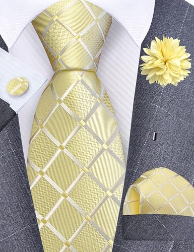 Image of GUSLESON 3.15 inch（8cm） Mens Tie and Lapel Pin Plaid Checkered Necktie Hankerchief Cufflinks Set for Men