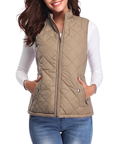 Fuinloth Women's Quilted Vest, Stand Collar Lightweight Zip Padded Gilet Khaki S