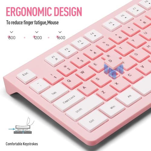 Image of Wireless Silent Keyboard and Mouse Combo, Ultra-Slim Sleek Design Full-Sized Wireless Keyboard and Adjustable DPI Mouse, 2.4GHz USB Receiver for PC, Windows, MAC, Desktop, Laptop (Pink)