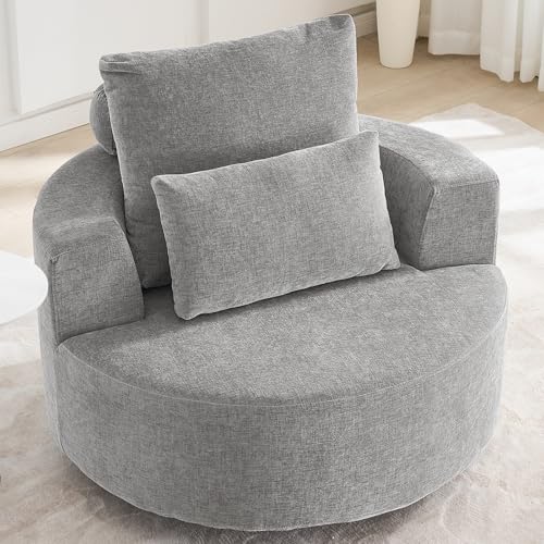 Furnimart Oversized Barrel Accent Chair, 360° Swivel Round Upholstered Sofa, Chenille High-Resilience Sponge, No Assembly Wide Seat for Living Room, Bedroom, Apartment(Gray)