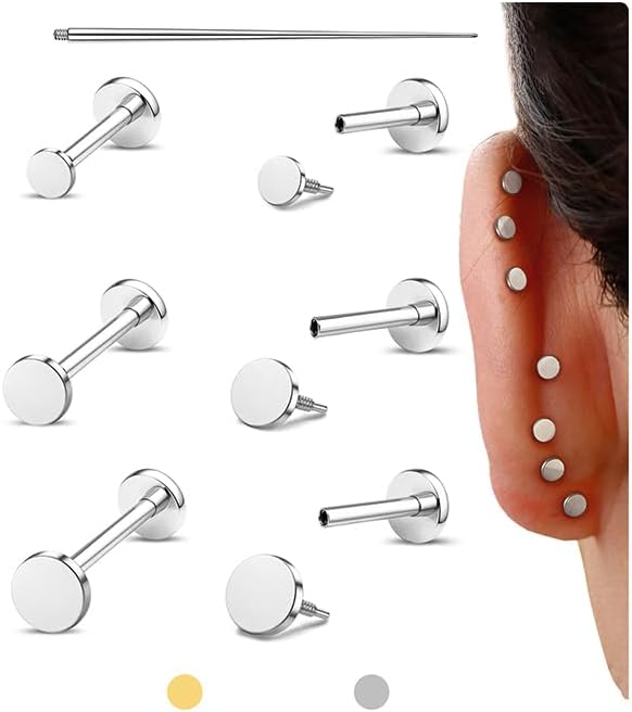 GEMQUEEN Flat Back Earrings Studs : Internal Thread Surgical Steel Earrings Hypoallergenic for Women Men 18G Cartilage Helix Tragus Conch Piercing Jewelry Dainty Dot Stud Earring Set for Sensitive Ear