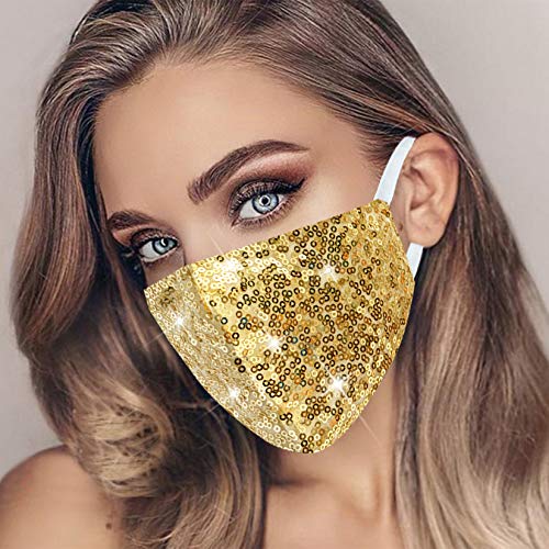 Image of Sparkly Sequins Mouth Masc Fashion Designer Glitter Cotton Face Cover With Adjustable Ear Loops Reusable Masquerade Party Nightclub Rave Festival Sequins Face Covering (Gold)