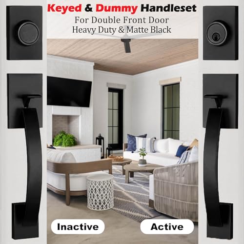 Image of NEWBANG Exterior Double Door Lever Handleset,Solid Door Handle Lock Set (Keyed and Dummy Set) - Matte Black,MDHST2017DB-SET-BR
