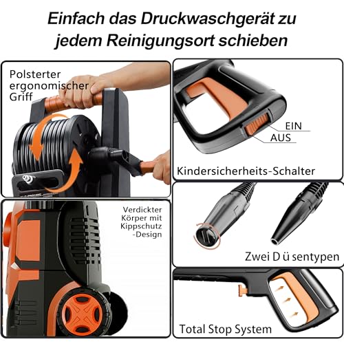 2026New Hochdruckreiniger Touchscreen 8-stufiger 200 Bar, 6-in-1-Düse, Einstellbarer Druck 100-200bar, Fördermenge 280-500l/h, Flächenleistung 60m²/h, Wassersparend, mit Schaumkanone Schlauchtrommel 6