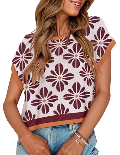 Image of ZESICA Women's Summer Trendy Knit Top 2026 Floral Print Short Sleeve Crewneck Loose Fit Sweater Vest Going Out Clothes