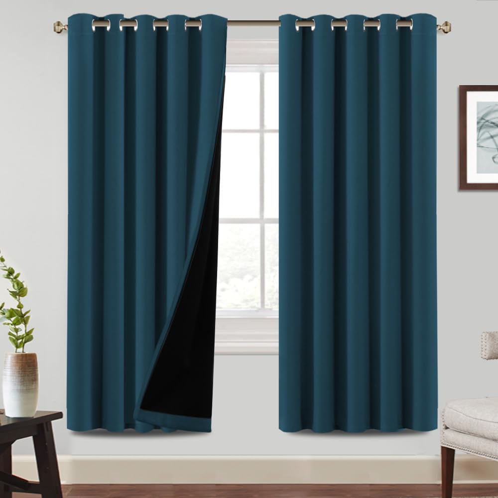 BellaHills 100% Blackout Curtains for Bedroom Thermal Insulated Blackout Curtains Heat and Full Light Blocking Eyelet Curtains for Living Room with Black Liner 2 Panels