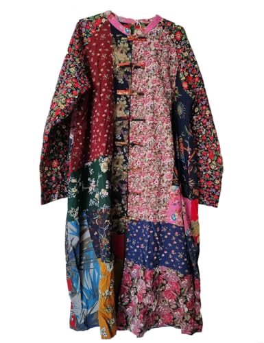NFYM Women's Trench Coat Long Cotton Linen Floral Print Jacket Cottagecore Clothing Patchwork Outwear Each Piece Unique2