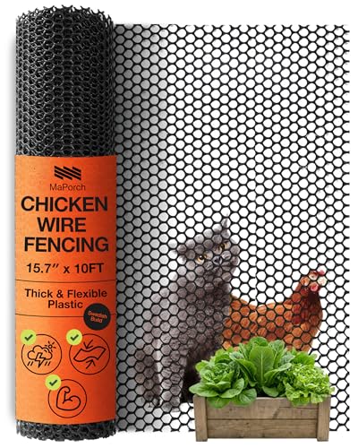 Maporch Plastic Chicken Wire Fencing for Pet Protection - 15.7 x 10ft Black HDPE Mesh - Garden Fence Animal Barrier for Dogs Cats and Rabbits (1-Pack)